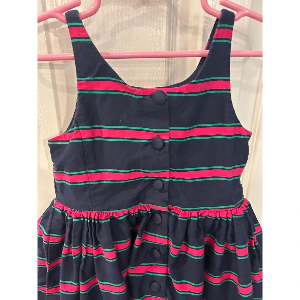 Ralph Lauren Dress Navy Blue Pink Green Striped Button Back Fit Flare 4/4T Kids